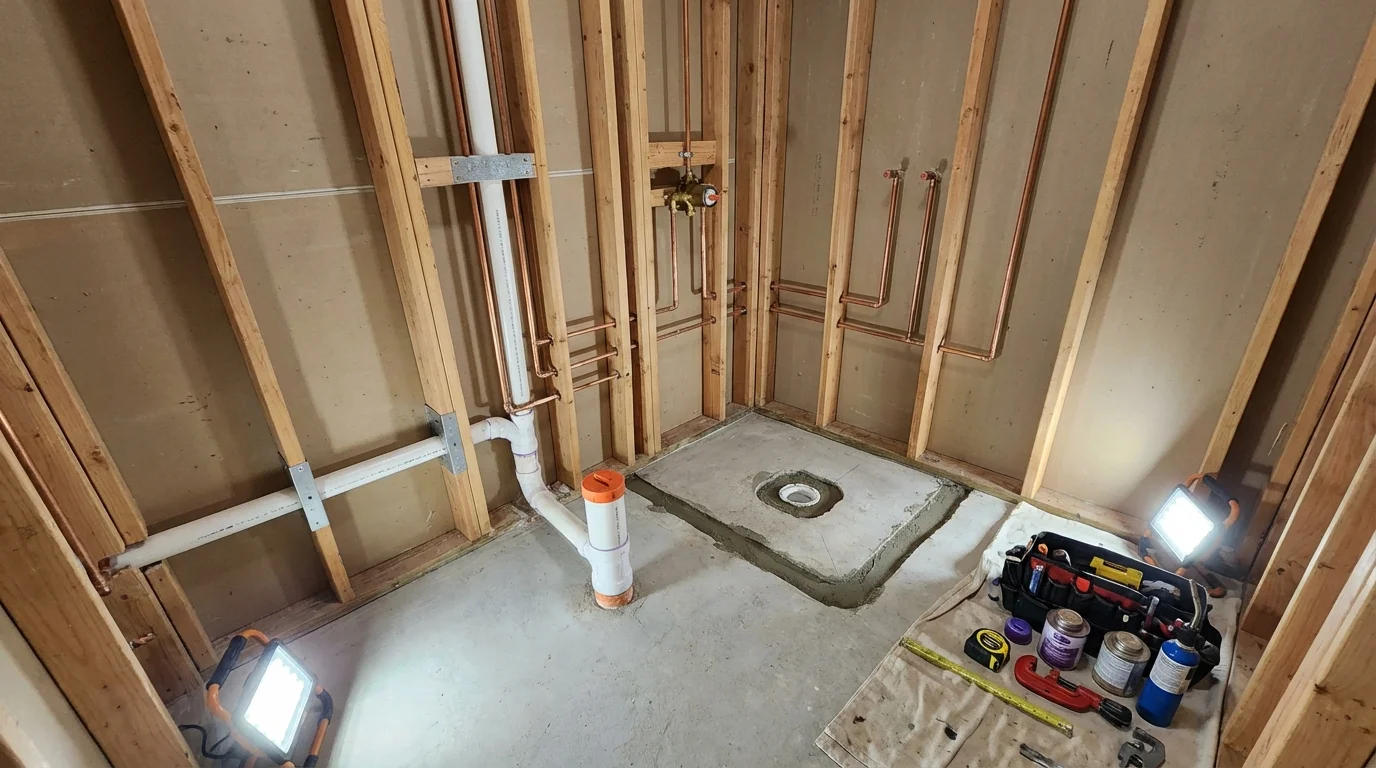 Bathroom rough-in plumbing during remodel by Johns Plumbing LLC in Tappan