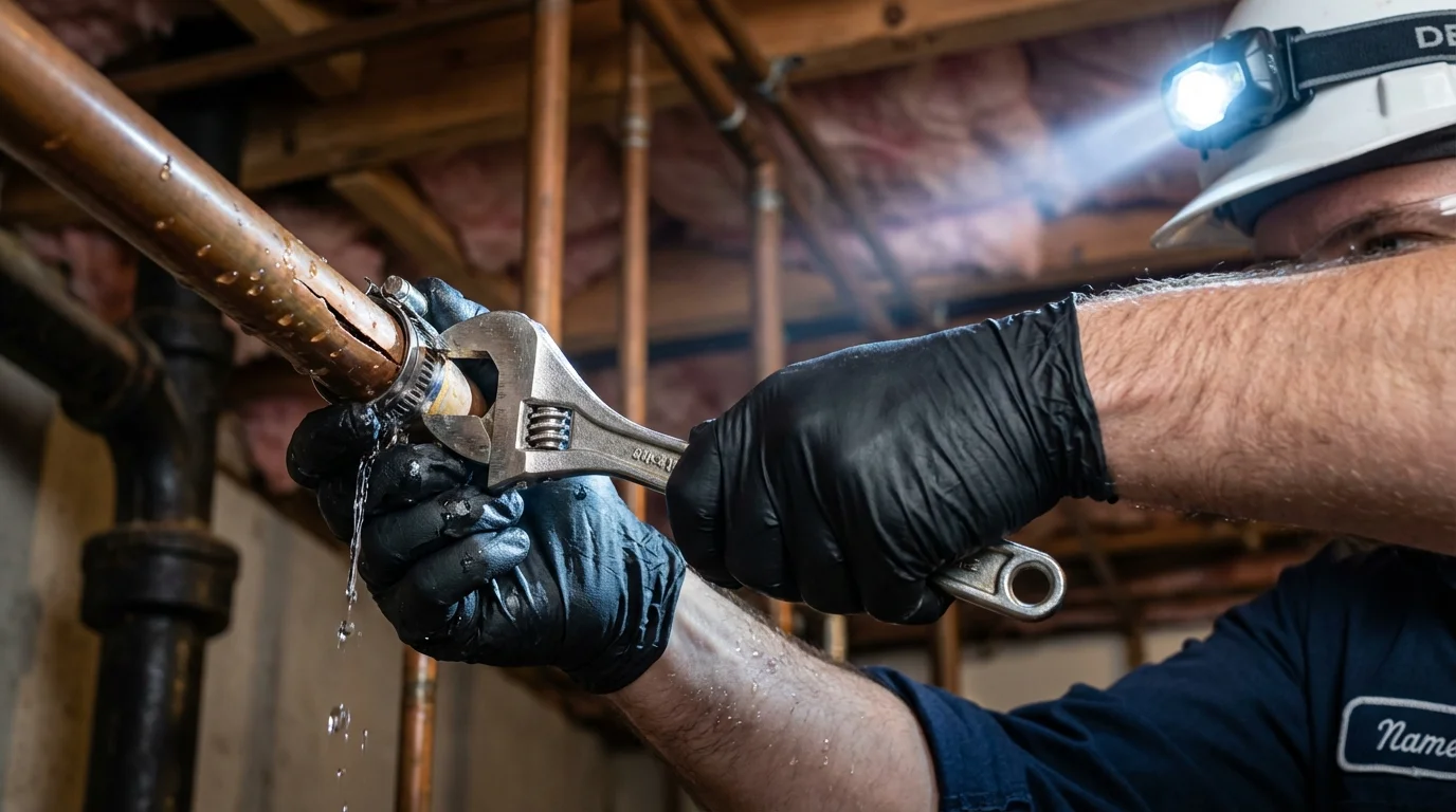 Emergency pipe clamp repair being performed by a Johns Plumbing LLC plumber in Tappan