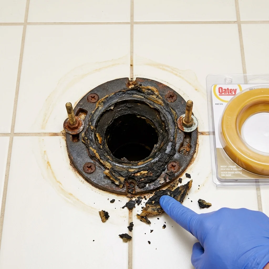 Failed wax ring showing water seepage at the base of a toilet in a Tappan, NY home