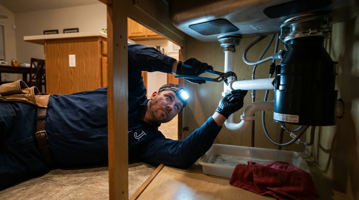 P-trap and supply line connections under a kitchen sink showing a common leak point in Tappan, NY